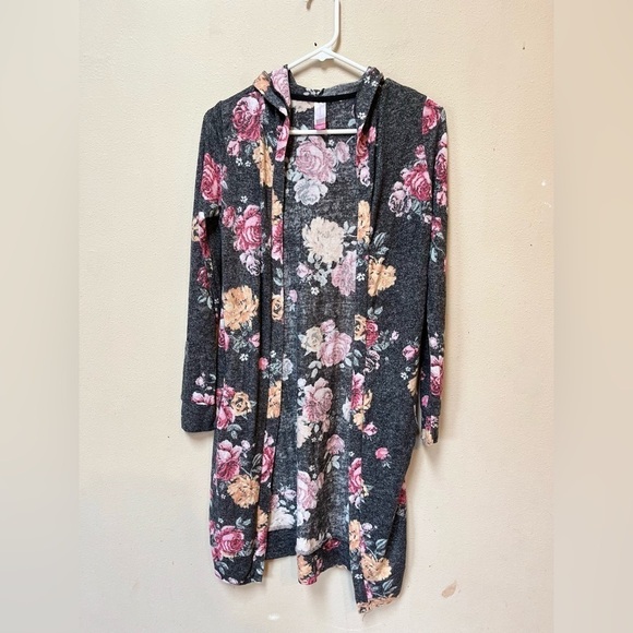 No Boundaries Women's Grey Floral Print Long Sleeve Hooded Cardigan Sweater XS - Picture 1 of 12